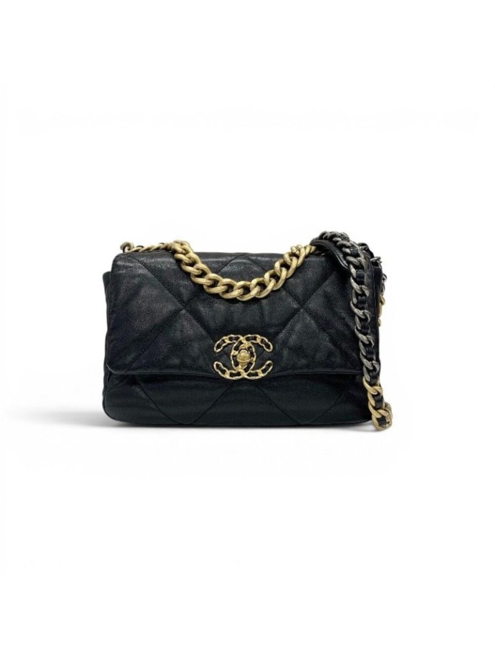 Chanel 19 Shoulder Bag Black Gold Silver CC Logo Turnlock Chain
